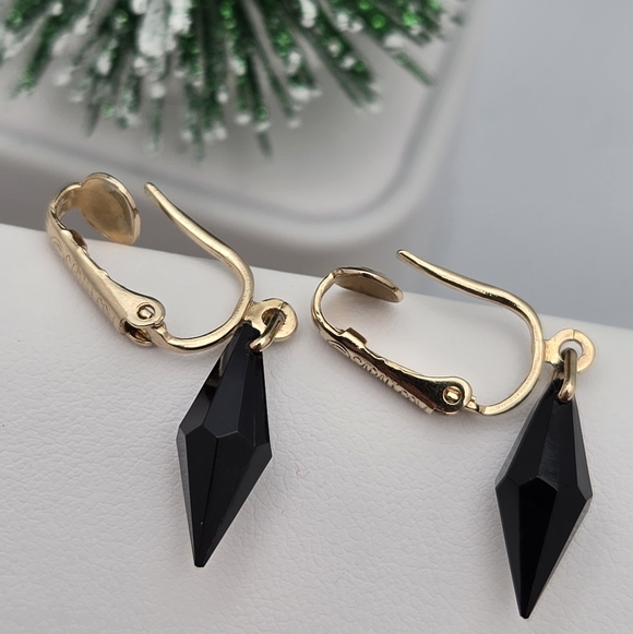 Vintage Sarah Coventry Gold-Tone Clip-On Earrings Black Crystal Dangle - Picture 5 of 7